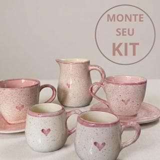 Jogo de Xícaras de Cerâmica Rosa com Pires e Leiteira | Kit Café Completo Decorativo