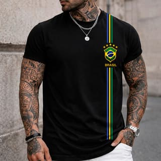 Camiseta Masculina Blusa Brasil 3 Listras T-shirt Verão Manga Curta Camisa Algodão Premium