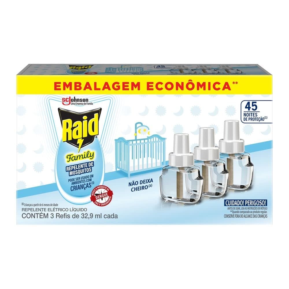 Raid Repelente Eletrico Líquido Family, 45 Noites de Proteção, 3 Refis de 32,9ml