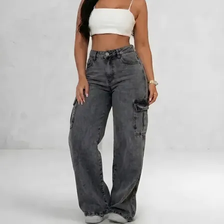 Calça Cargo Feminina Wide Leg Cintura Alta Jeans Stillger