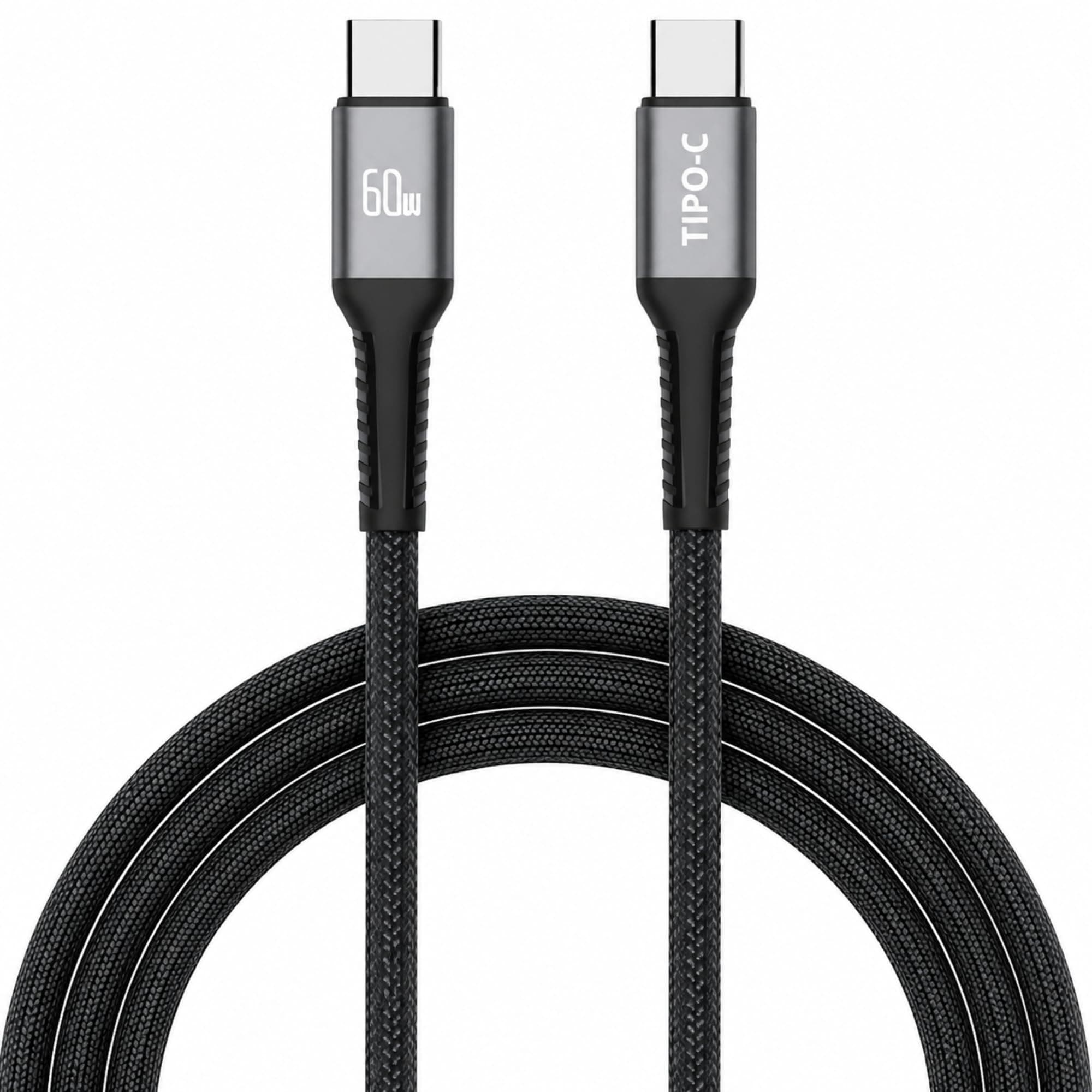 Cabo USB-C para USB-C 2 Metros 60W Turbo Carregamento Rápido — Nylon Trançado Reforçado Compatível iPhone 15/16 Samsung Galaxy Xiaomi MacBook Notebook Tablet — Preto/Branco