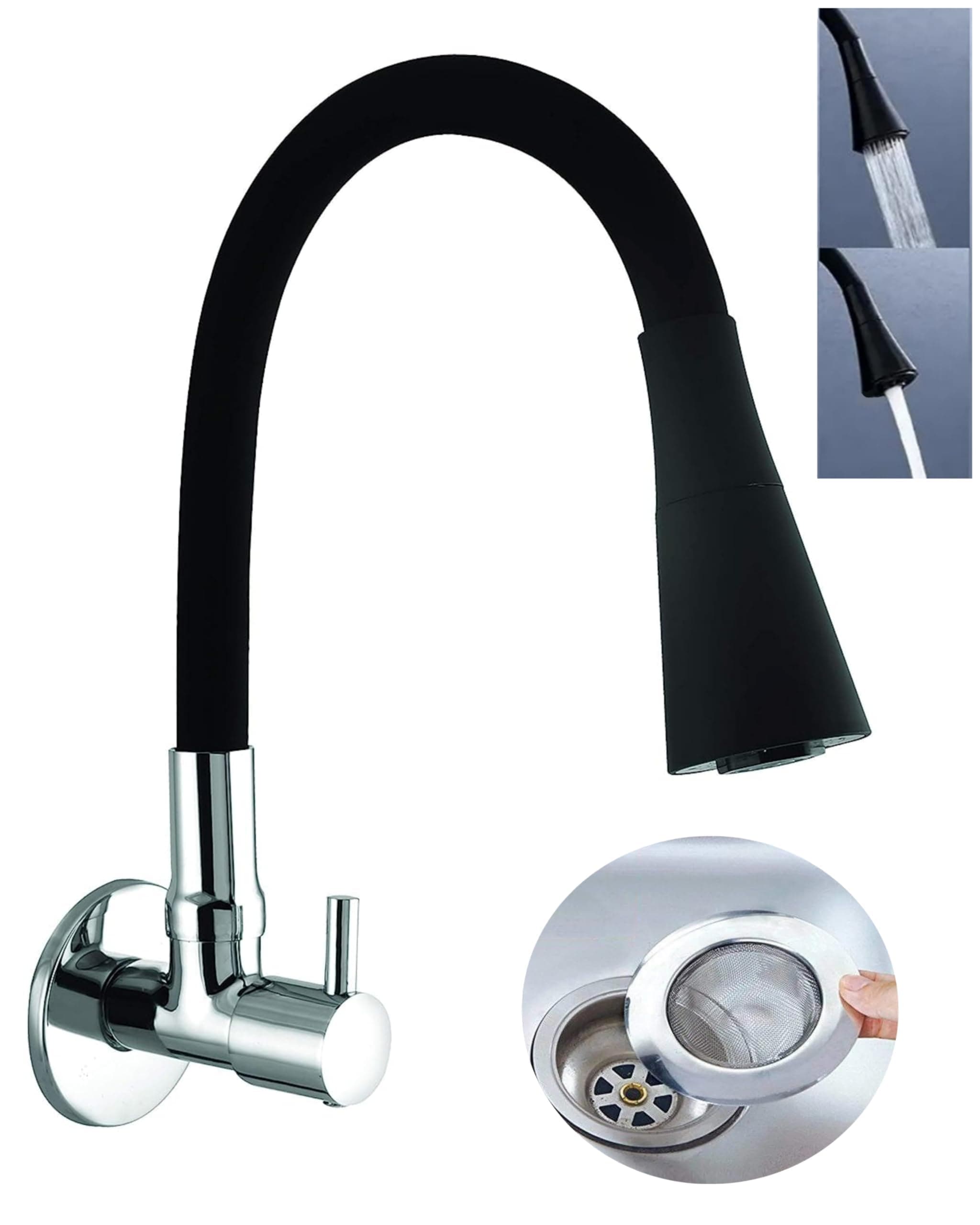 Torneira Gourmet de Cozinha Parede Preta Flexível – Bica Móvel com 2 Jatos (Spray e Fluxo) – Acionamento 1/4 de Volta – Misturador Moderno para Pia, Alta Durabilidade e Design Premium (1 Peça)